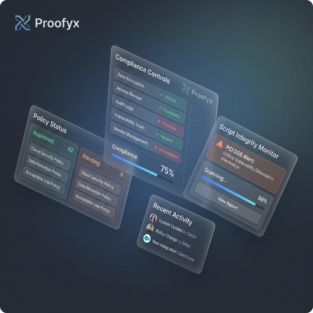 Proofyx Dashboard Mockup - Compliance Controls, Policy Status, and Script Monitoring